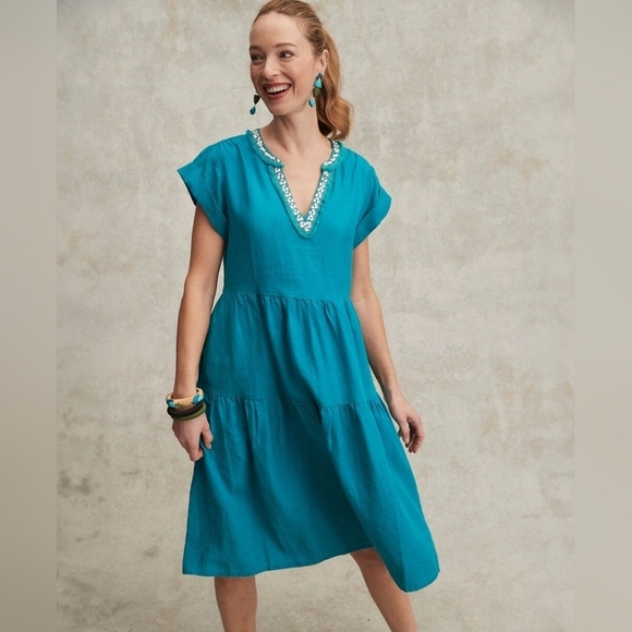 Chico's Women's Ecru 100% Linen Embellished Cap Sleeve Dress Sz 10 - Picture 1 of 15